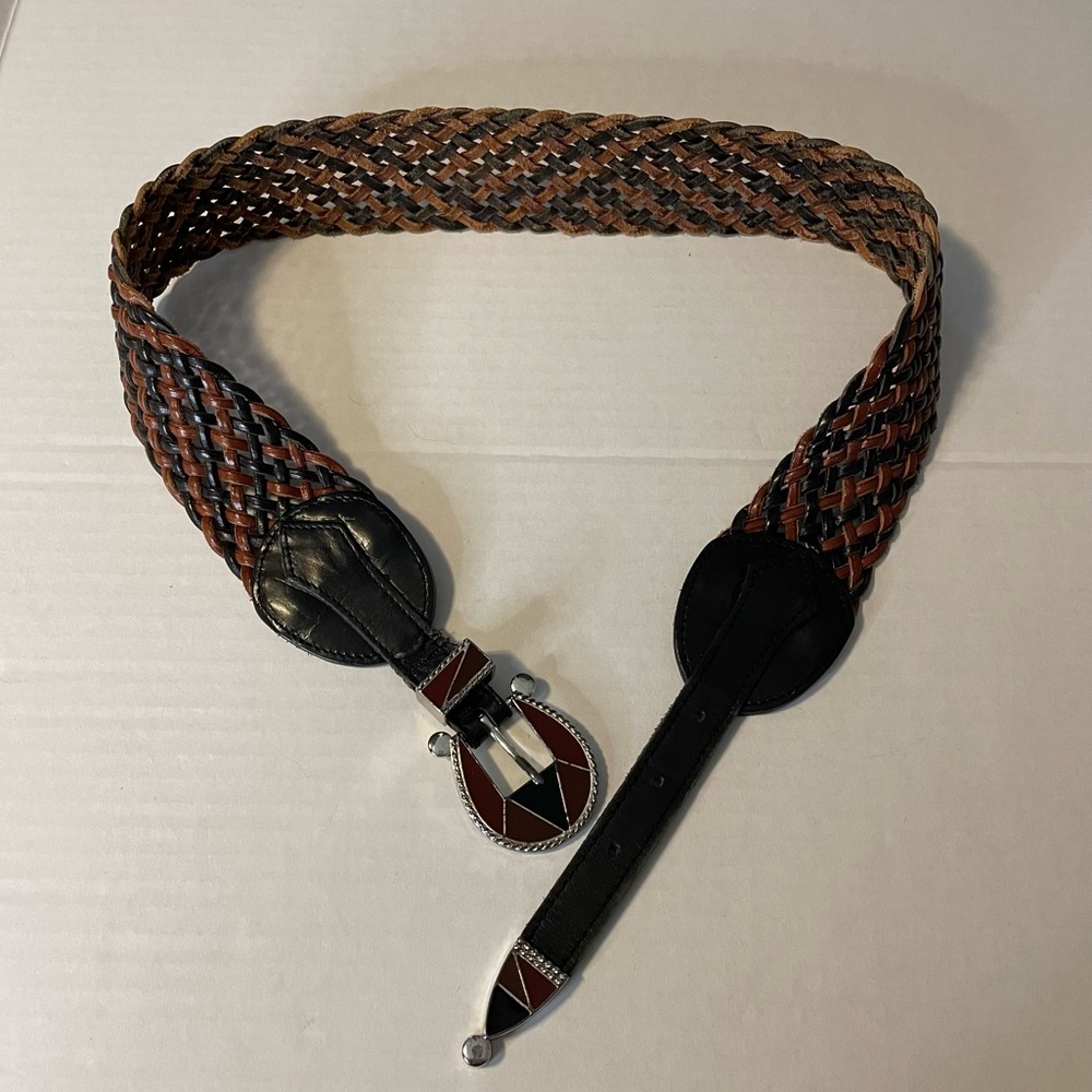 Vintage R.O.C. Brown/Black Weave Braid Leather Enamel Buckle Western Belt Medium
